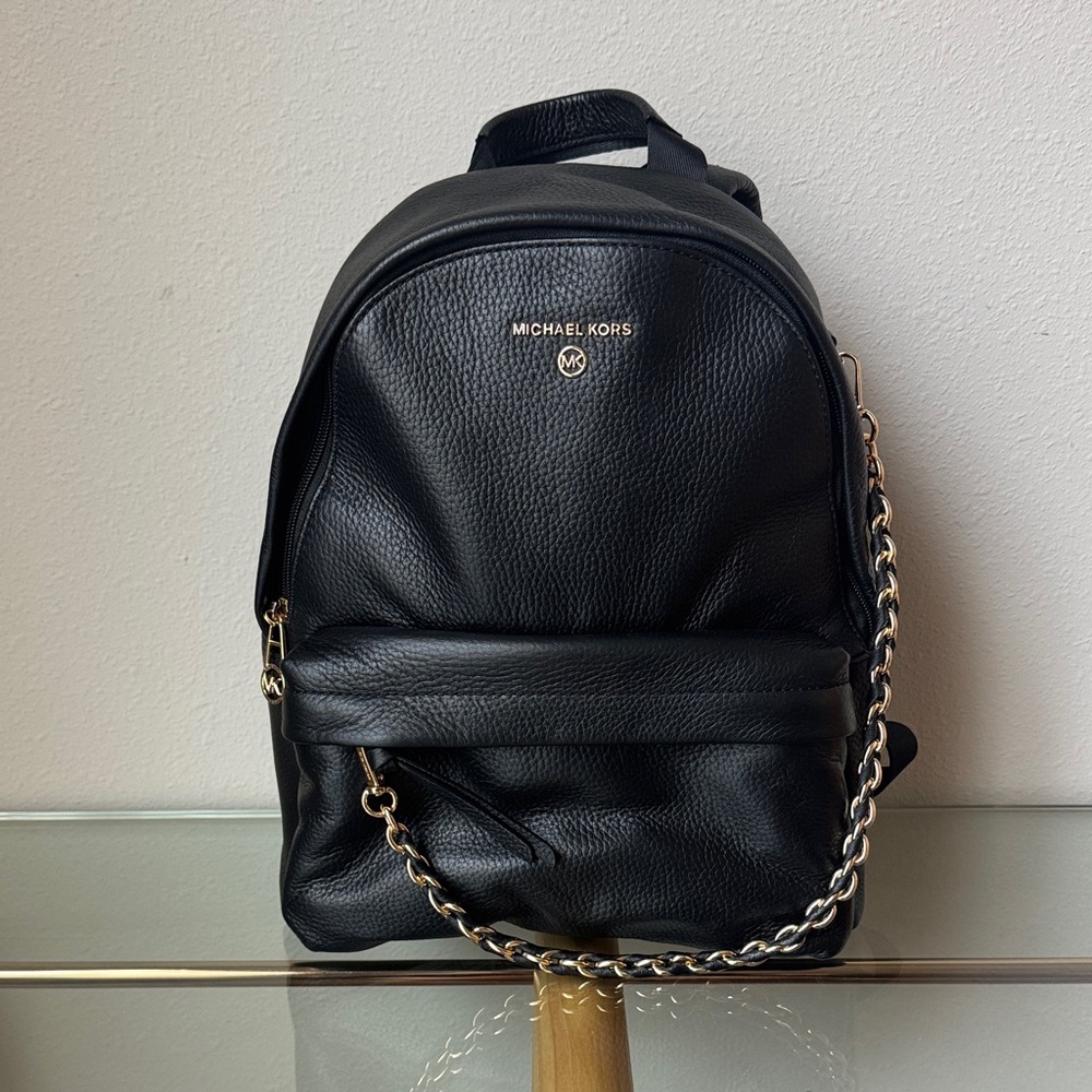 Michael Kors Black Slater Medium Leather Backpack with Gold Chain Accent - NWT